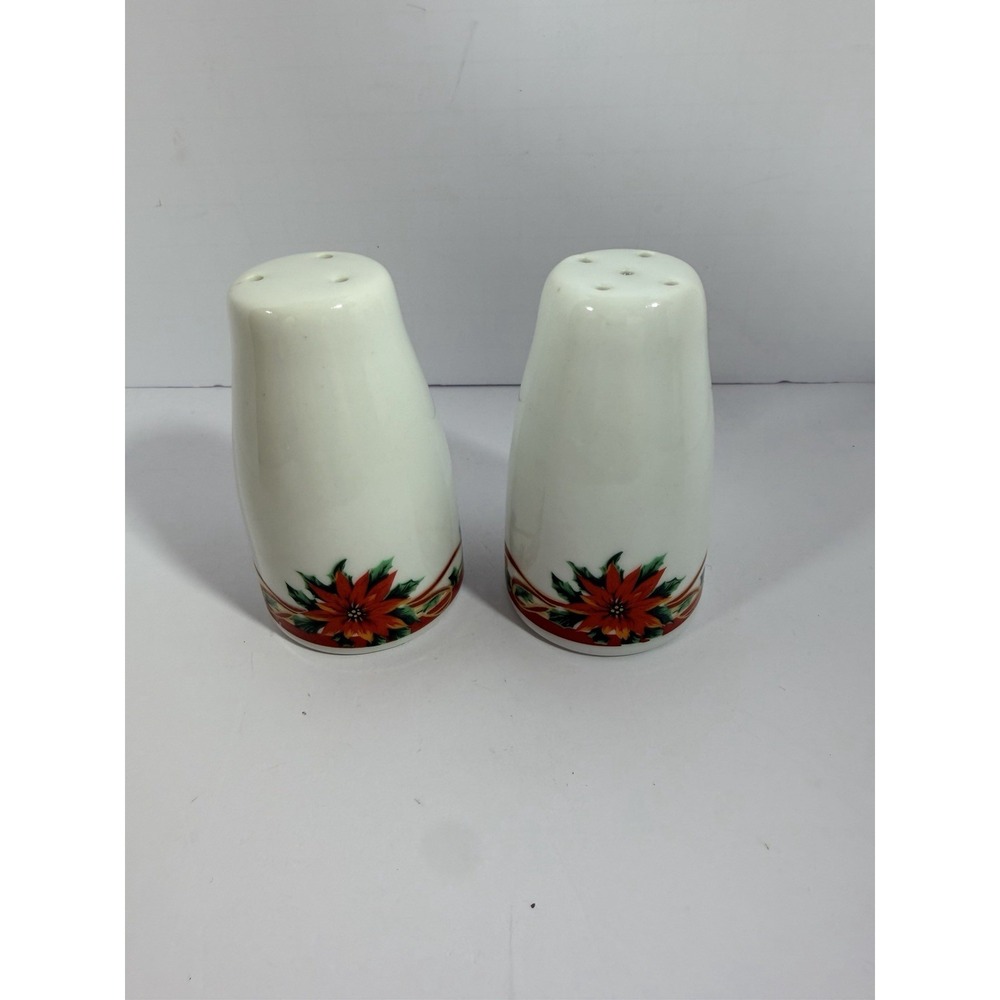 Sunflower China Poinsettia Salt Pepper Shakers 3 3/8" Christmas Holly SUFPOI
